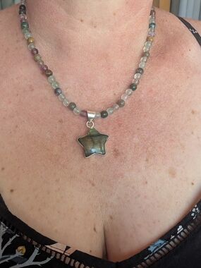 Multicolored Bead Necklace with Star Pendant - Green Tones